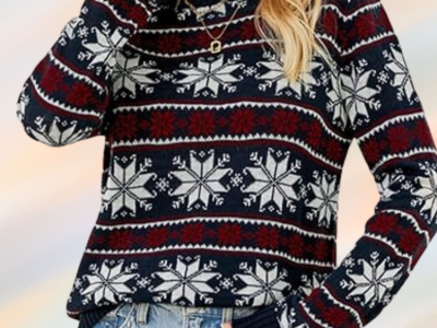 Knitted Sweater Round Neck Long Sleeve Snowflake Print