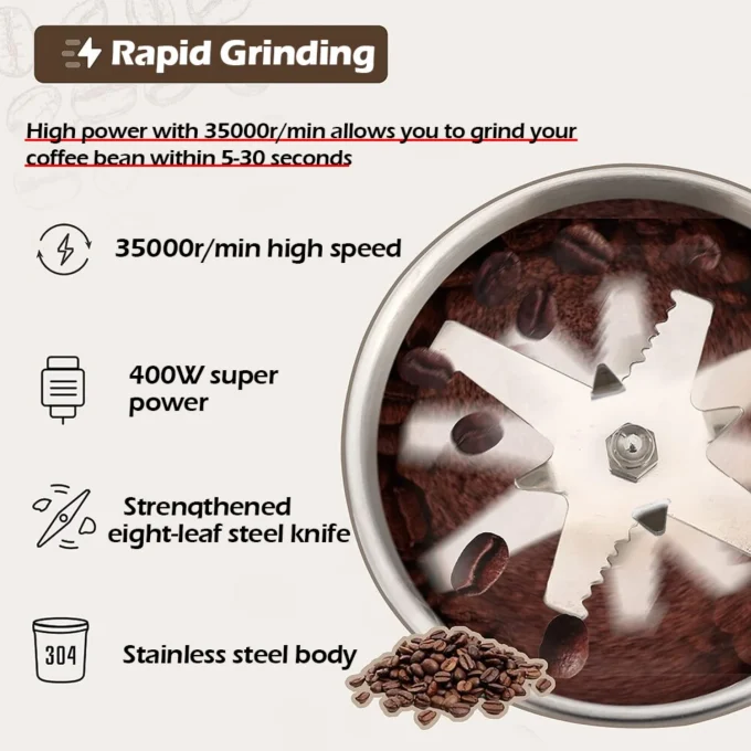 Efficient and Powerful Multifunctional Coffee Grinder - Ideal Kitchen Tool for Coffee Lovers and Home Cooks! Perfectly Ground Ce