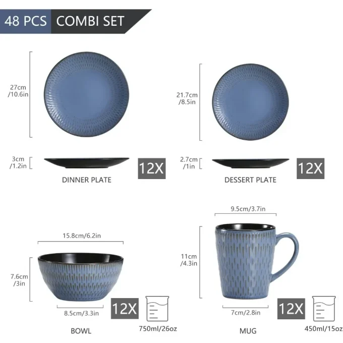 48-Piece Retro Blue Tableware Set for 12 – Includes Plates, Dessert Plates, Bowls & Mugs