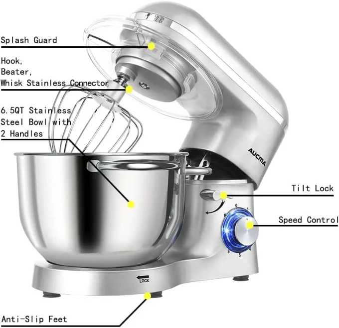 6.5QT Stand Mixer, 660W 6-Speed Tilt-Head Kitchen Mixer with Dough Hook, Whisk & Beater (Silver)