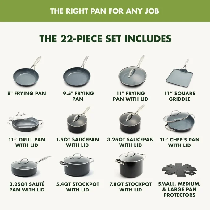 GreenPan Valencia Pro Hard Anodized Healthy Ceramic Nonstick 22 Piece Cookware Pots & Pans Set