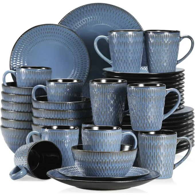 48-Piece Retro Blue Tableware Set for 12 – Includes Plates, Dessert Plates, Bowls & Mugs