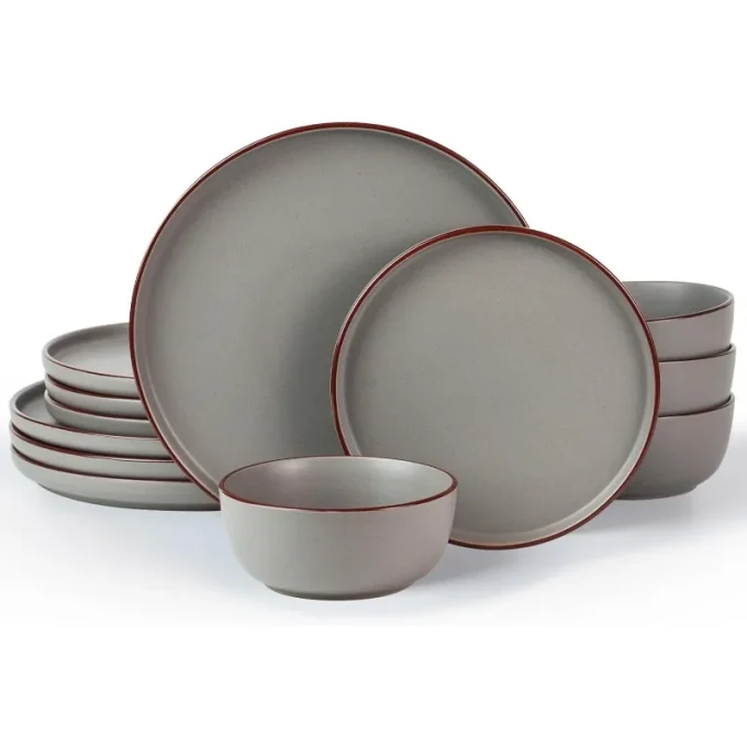 Mercury Plates and Bowls Sets, 12 Pieces Stoneware Dinnerware Sets, Dishes Set for 4, Microwave and Dishwasher Safe, Multi-color