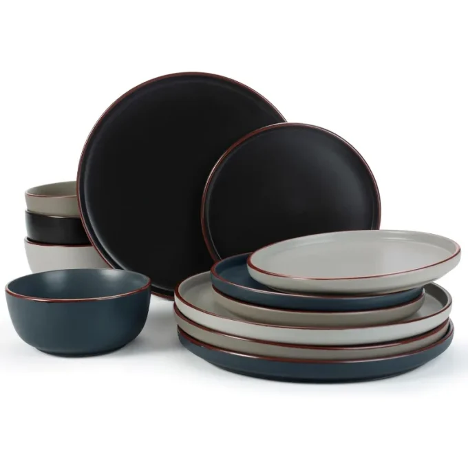 Mercury Plates and Bowls Sets, 12 Pieces Stoneware Dinnerware Sets, Dishes Set for 4, Microwave and Dishwasher Safe, Multi-color