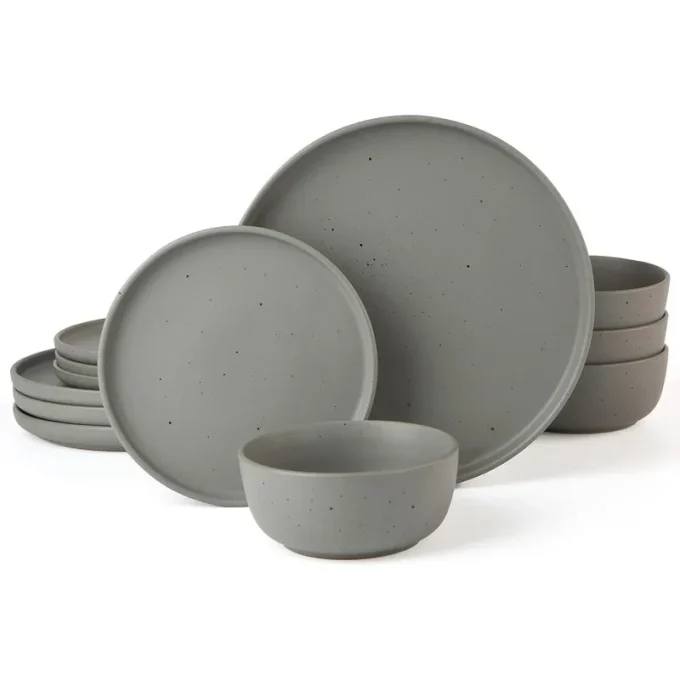 12 Piece Plates and Bowls Set, Dawn Speckled Dinnerware Sets for 4, Matte Dish Set, Microwave and Dishwasher Safe, Dark Grey