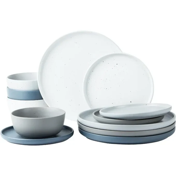 12 Piece Plates and Bowls Set, Dawn Speckled Dinnerware Sets for 4, Matte Dish Set, Microwave and Dishwasher Safe, Dark Grey