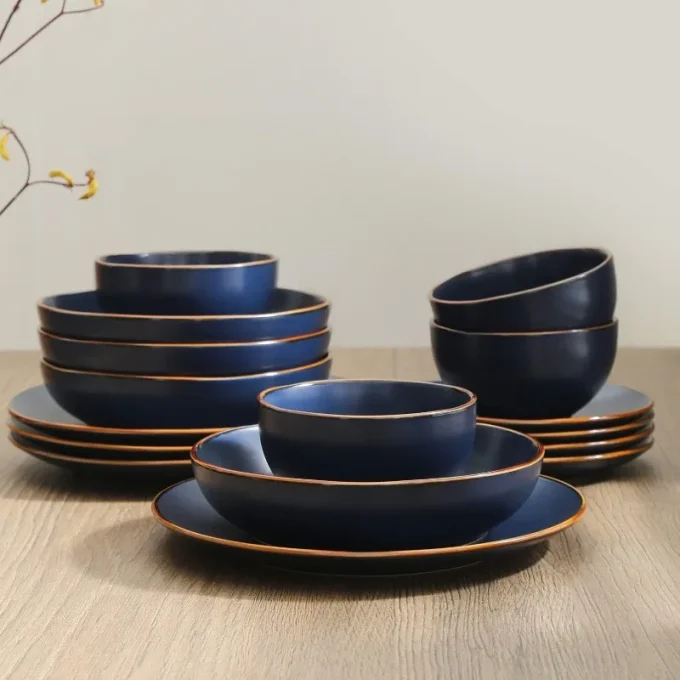 Brasa 16-Piece Blue Stoneware Dinnerware Set – Plates & Bowls for 4