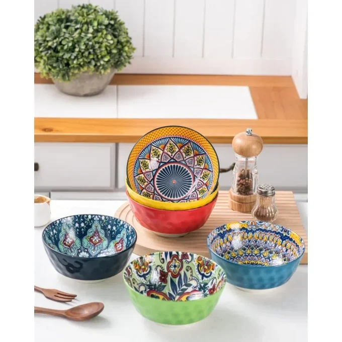 Ceramic Cereal Tableware Salad Plates Dinner Sets Soup Bowls Set of 6-25 Oz Deep Colorful Porcelain Serving Bowls for Dinner Bar