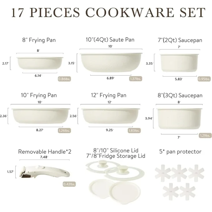 CAROTE 17-Piece Nonstick Cookware Set with Detachable Handle, Induction Compatible