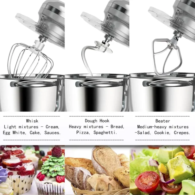 6.5QT Stand Mixer, 660W 6-Speed Tilt-Head Kitchen Mixer with Dough Hook, Whisk & Beater (Silver)