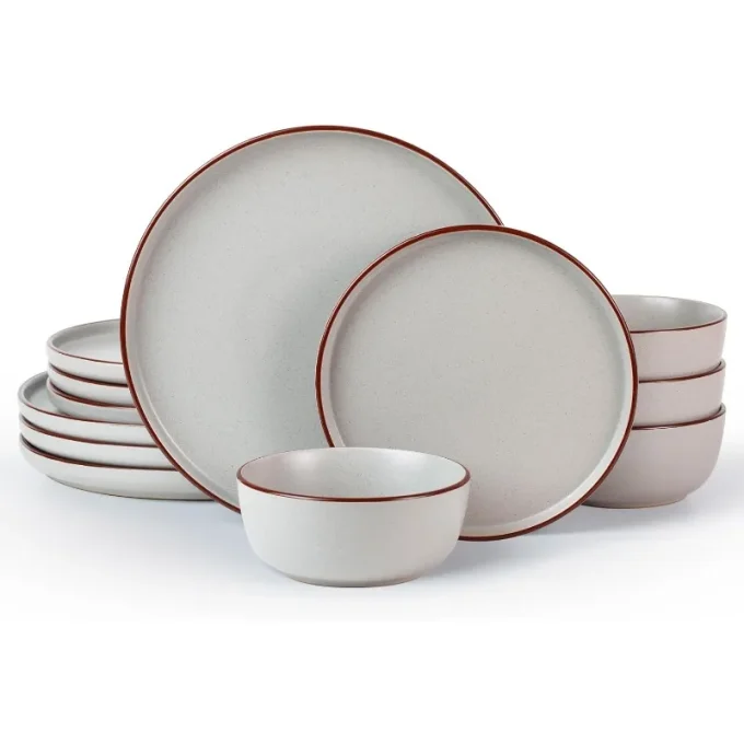 Mercury Plates and Bowls Sets, 12 Pieces Stoneware Dinnerware Sets, Dishes Set for 4, Microwave and Dishwasher Safe, Multi-color