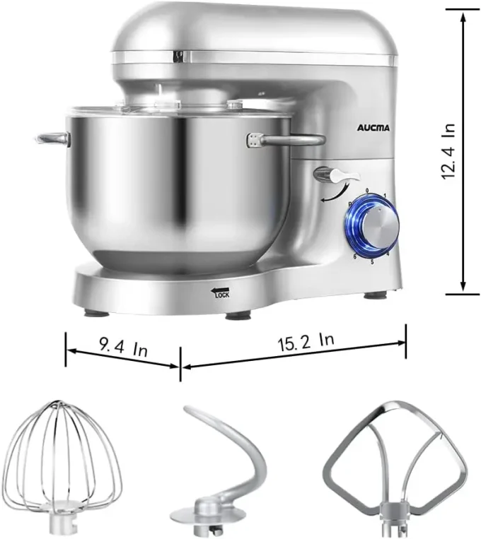 6.5QT Stand Mixer, 660W 6-Speed Tilt-Head Kitchen Mixer with Dough Hook, Whisk & Beater (Silver)