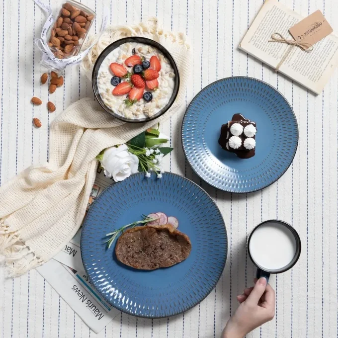 48-Piece Retro Blue Tableware Set for 12 – Includes Plates, Dessert Plates, Bowls & Mugs