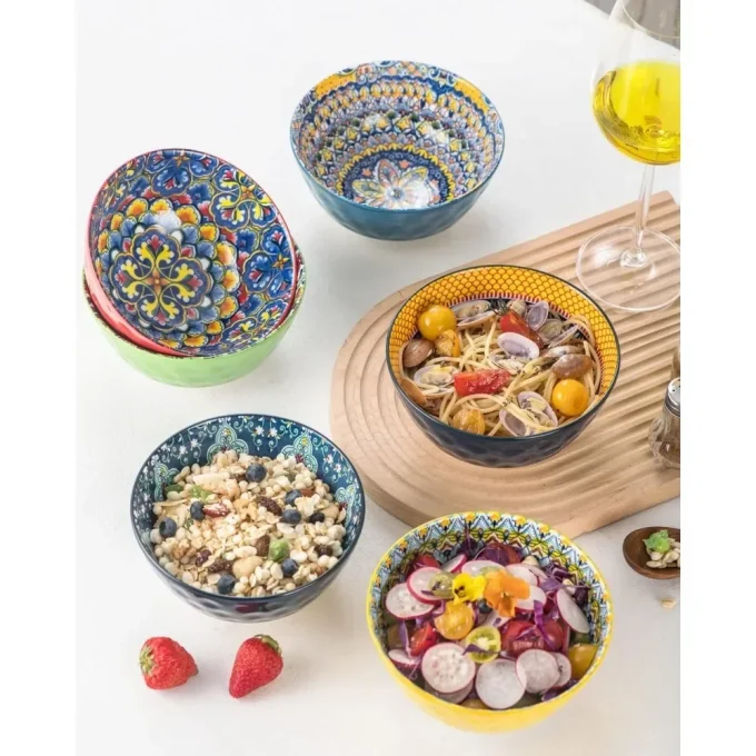 Ceramic Cereal Tableware Salad Plates Dinner Sets Soup Bowls Set of 6-25 Oz Deep Colorful Porcelain Serving Bowls for Dinner Bar