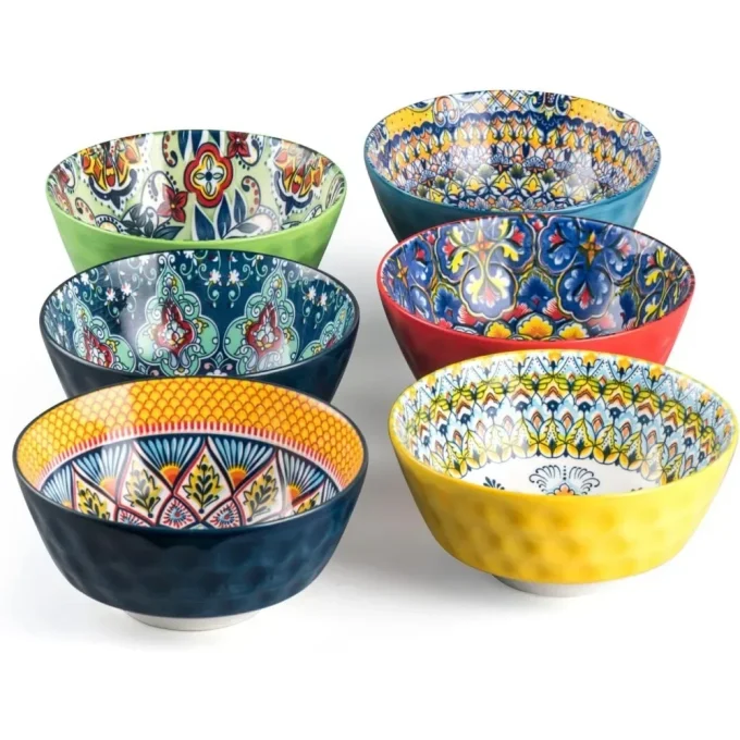 Ceramic Cereal Tableware Salad Plates Dinner Sets Soup Bowls Set of 6-25 Oz Deep Colorful Porcelain Serving Bowls for Dinner Bar