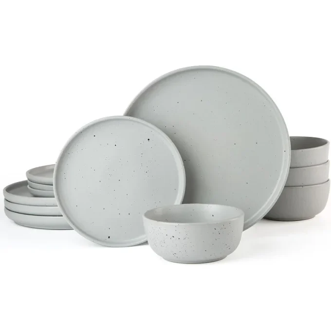 12 Piece Plates and Bowls Set, Dawn Speckled Dinnerware Sets for 4, Matte Dish Set, Microwave and Dishwasher Safe, Dark Grey