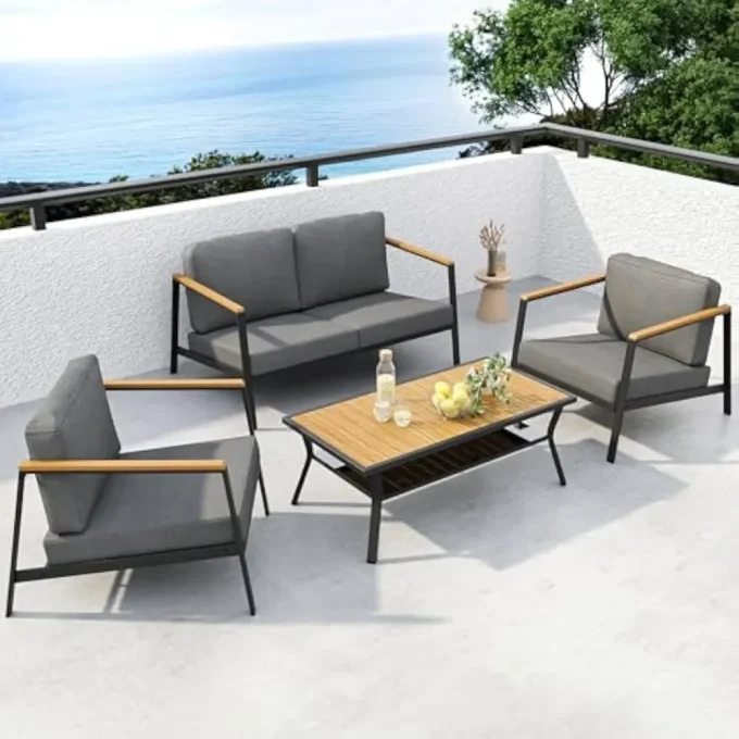 4-Piece Aluminum Patio Furniture Set with Cushions & Table – Modern Outdoor Sofa Set