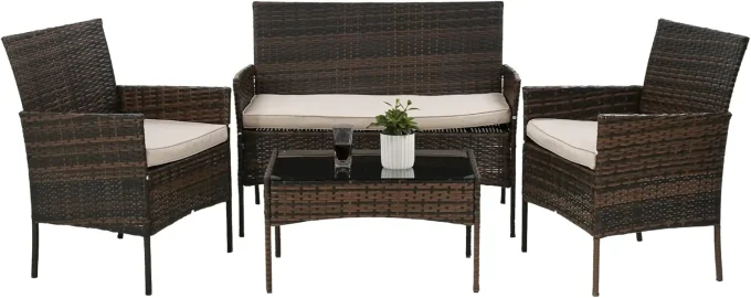 4-Piece Rattan Patio Set – Wicker Sofa & Table