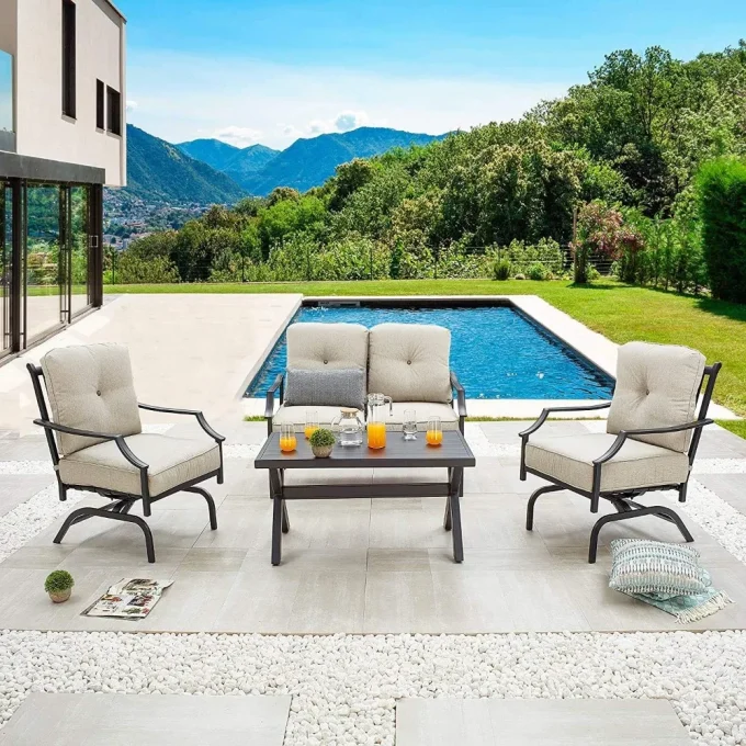 4-Piece Patio Conversation Set with Cushioned Metal Chairs & Loveseat