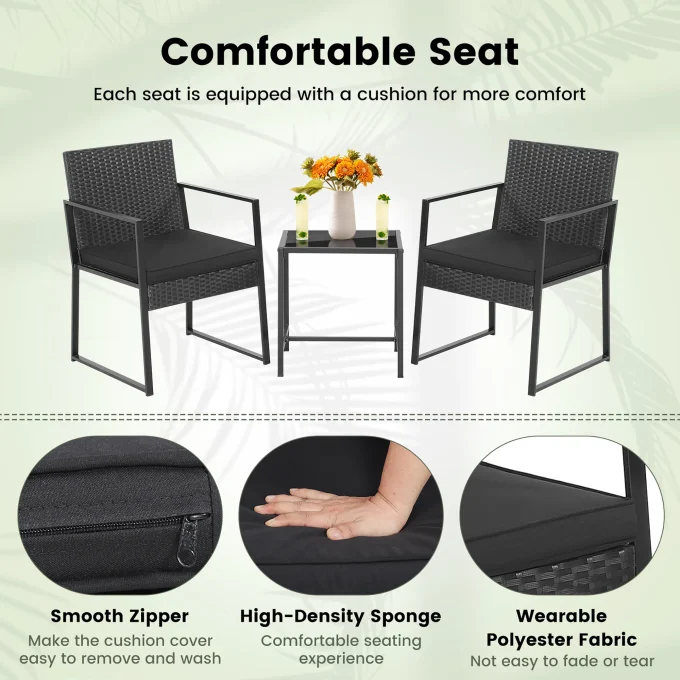 3pcs Patio Furniture Set Heavy Duty Cushioned Wicker Rattan Chairs Table Outdoor