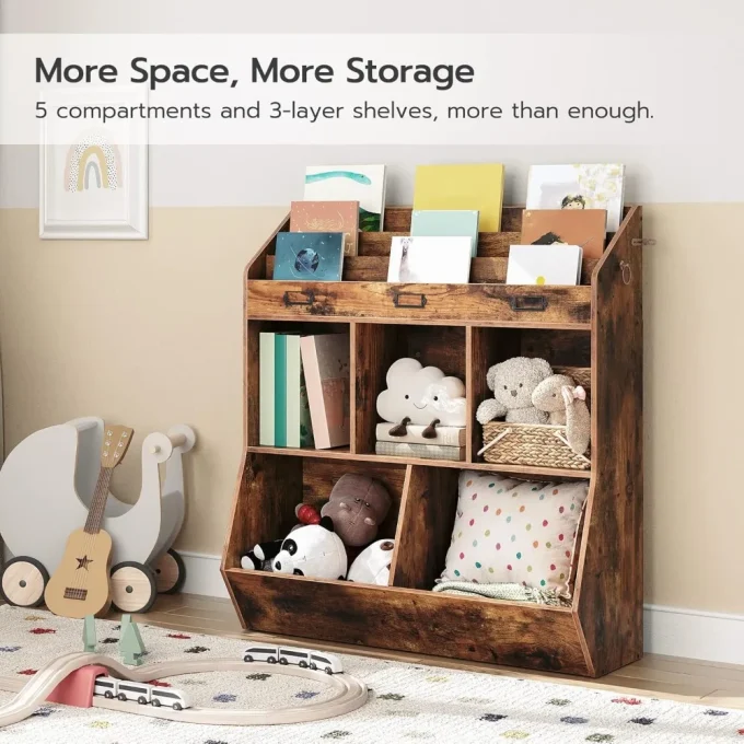 Kids Bookshelf & Toy Storage Organizer – 5 Compartments, 3 Shelves