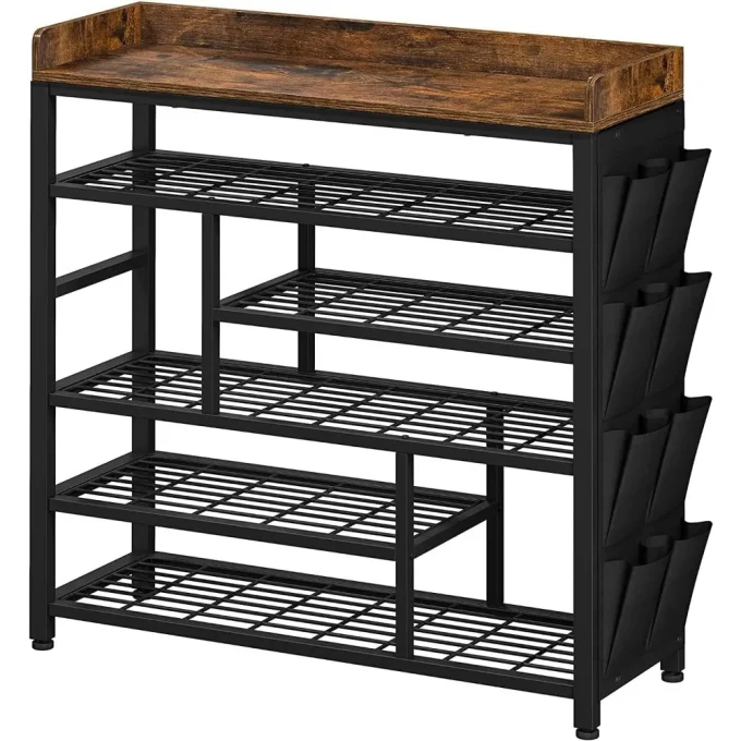 Metal Shoe Rack for Entryway with Boots Storage for 22 Pairs Wood Shoes Rack Wooden Top and Side Pocket for Entry, Entrance, Ha