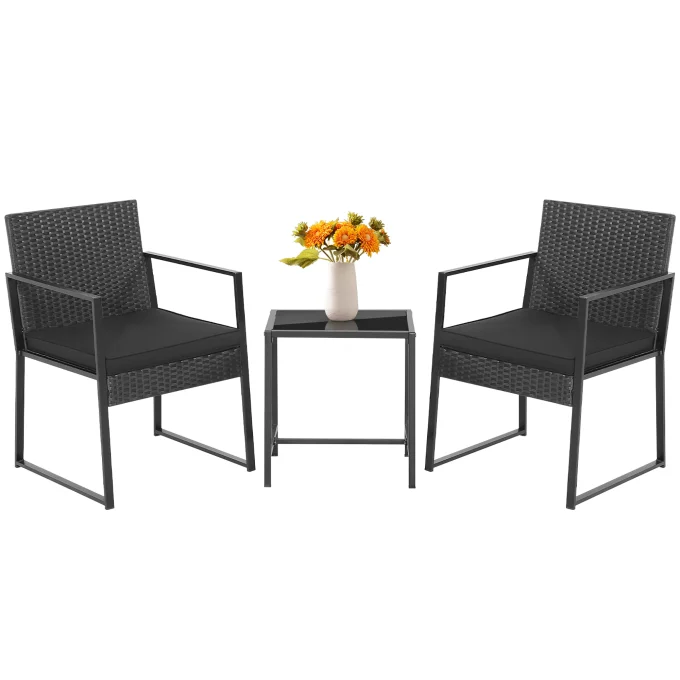 3pcs Patio Furniture Set Heavy Duty Cushioned Wicker Rattan Chairs Table Outdoor