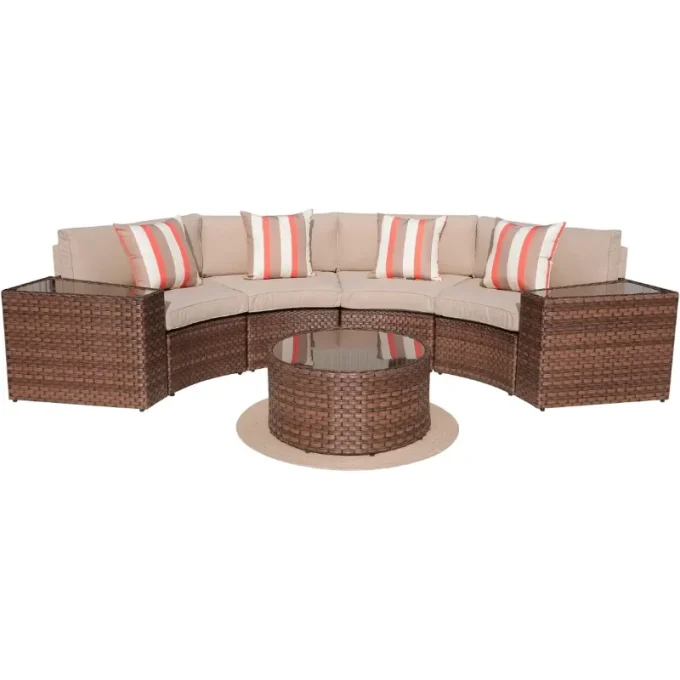 Outdoor Half-Moon Sectional Sofa Set with Round Table & Waterproof Cover