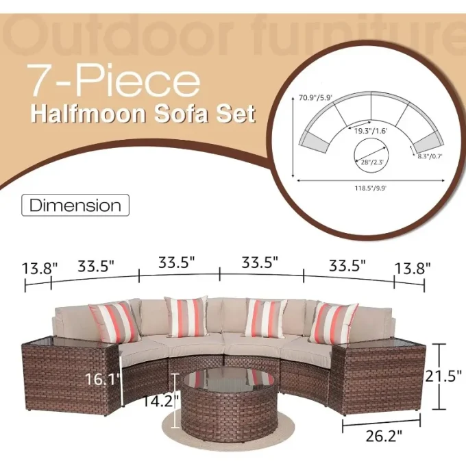 Outdoor Half-Moon Sectional Sofa Set with Round Table & Waterproof Cover