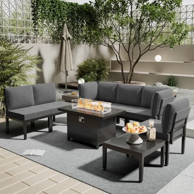 8-Piece Patio Set with Fire Pit Table – Modern Outdoor Seating