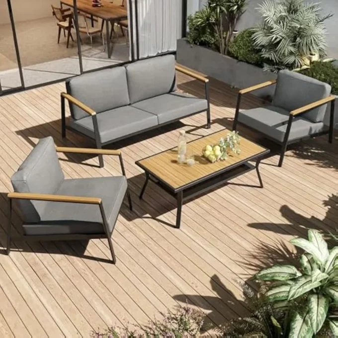 4-Piece Aluminum Patio Furniture Set with Cushions & Table – Modern Outdoor Sofa Set