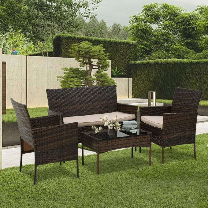 4-Piece Rattan Patio Set – Wicker Sofa & Table