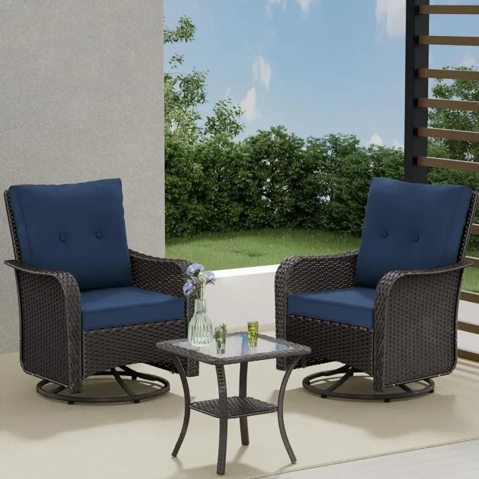 11-Piece Patio Set with Swivel Chairs & Fire Pit – Blue Cushions