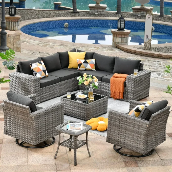 Patio Sectional Sofa Set with Swivel Rocking Chairs – PE Wicker Outdoor Furniture