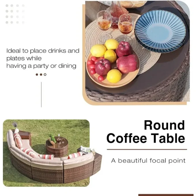 Outdoor Half-Moon Sectional Sofa Set with Round Table & Waterproof Cover