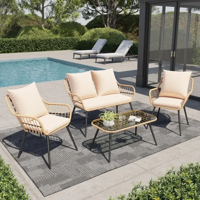 4-Piece Wicker Patio Set – Boho Loveseat & Armchairs with Cushions for Porch & Deck