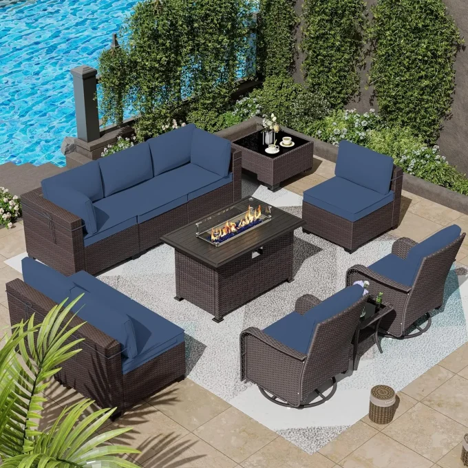 11-Piece Patio Set with Swivel Chairs & Fire Pit – Blue Cushions