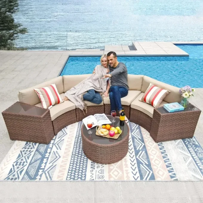 Outdoor Half-Moon Sectional Sofa Set with Round Table & Waterproof Cover