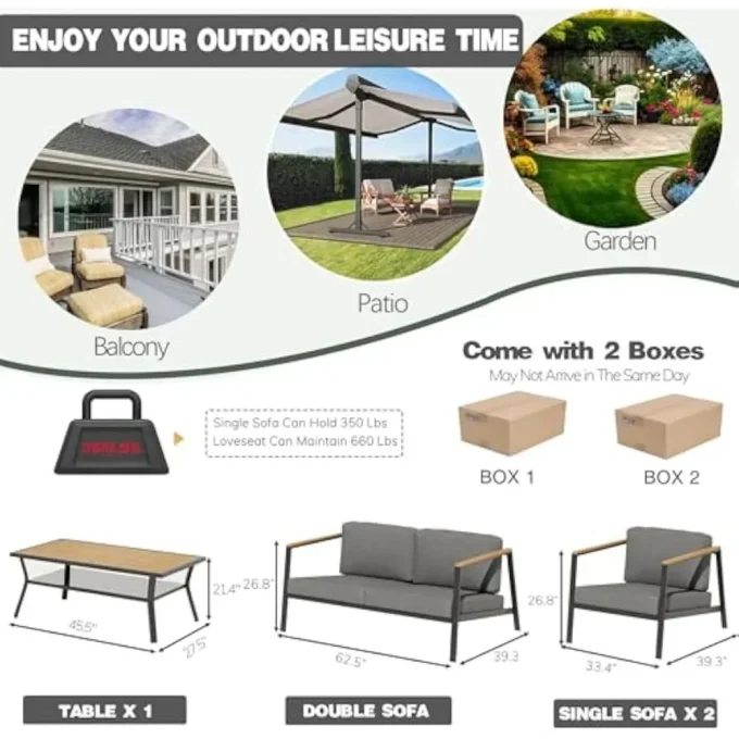 4-Piece Aluminum Patio Furniture Set with Cushions & Table – Modern Outdoor Sofa Set