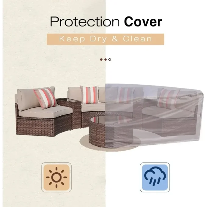 Outdoor Half-Moon Sectional Sofa Set with Round Table & Waterproof Cover