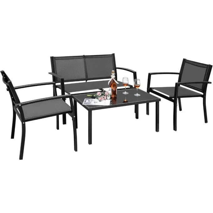 Outdoor Patio Furniture Textilene Modern Conversation Bistro Set with Loveseat Tea Table for Home, Lawn and Balcony