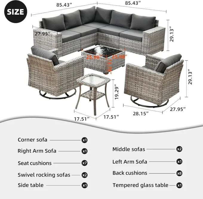 Patio Sectional Sofa Set with Swivel Rocking Chairs – PE Wicker Outdoor Furniture