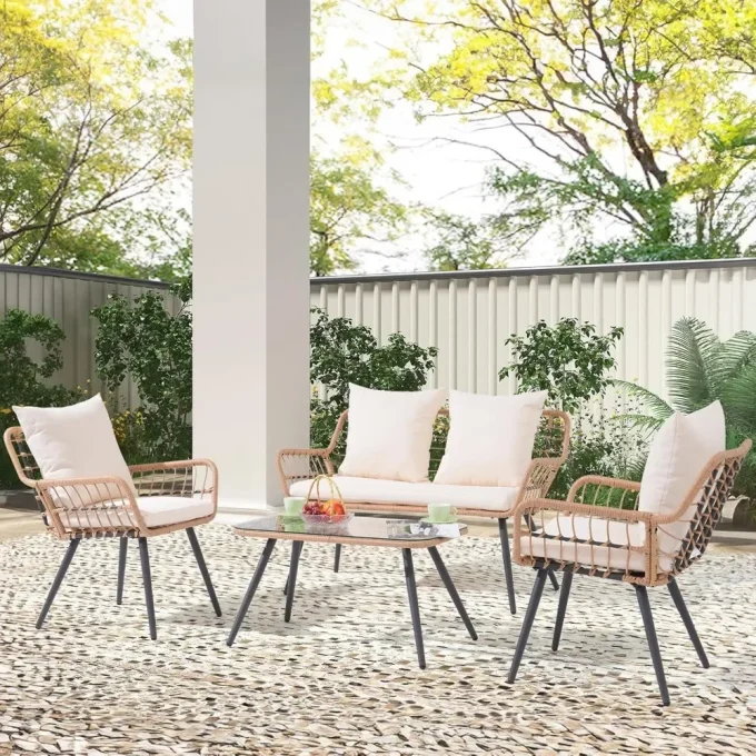 4-Piece Wicker Patio Set – Boho Loveseat & Armchairs with Cushions for Porch & Deck