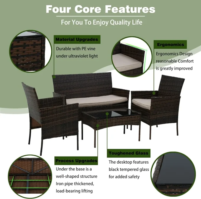 4-Piece Rattan Patio Set – Wicker Sofa & Table