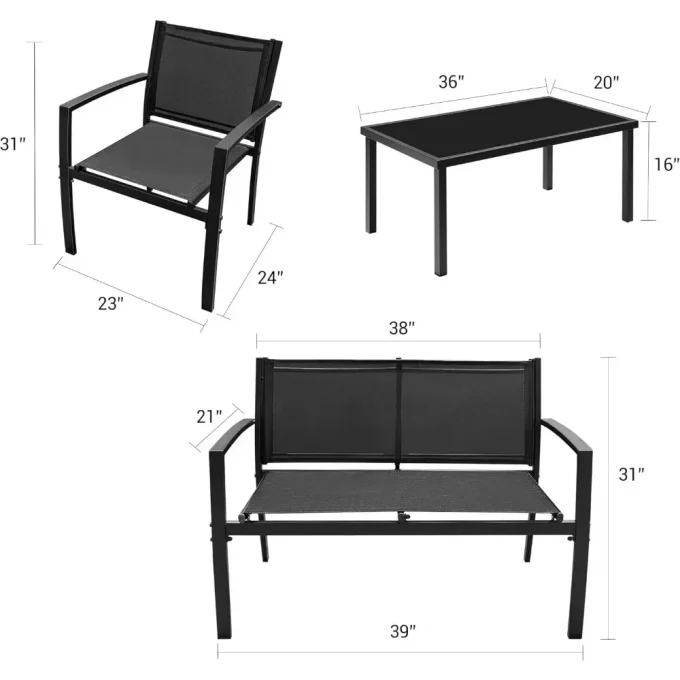 Outdoor Patio Furniture Textilene Modern Conversation Bistro Set with Loveseat Tea Table for Home, Lawn and Balcony