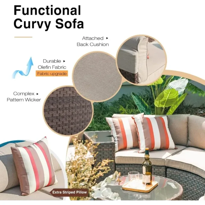 Outdoor Half-Moon Sectional Sofa Set with Round Table & Waterproof Cover