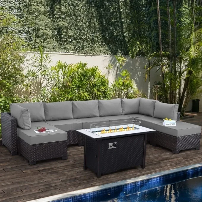 Wicker Patio Furniture Set with Cushions & Gas Fire Pit – PE Rattan Outdoor Sectional Sofa