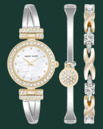 Women's Premium Crystal Accented Bangle Watch and Bracelet Set  Two-Tone