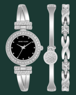 omen's Premium Crystal Accented Bangle Watch and Bracelet Set Black Silver