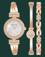 Women's Premium Crystal Accented Bangle Watch and Bracelet Set Rose Gold
